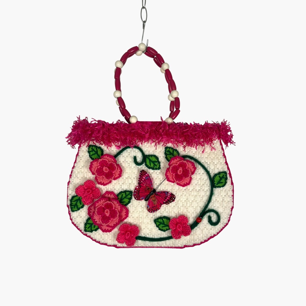 Unbranded Needlepoint Floral Butterfly Handbag Pink White Beaded Kitsch Boho